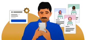 A man looks at phone with a selection of three different Indeed profiles