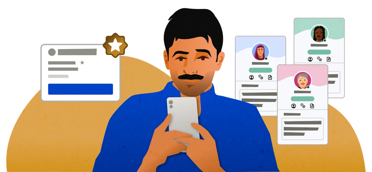 A man looks at phone with a selection of three different Indeed profiles