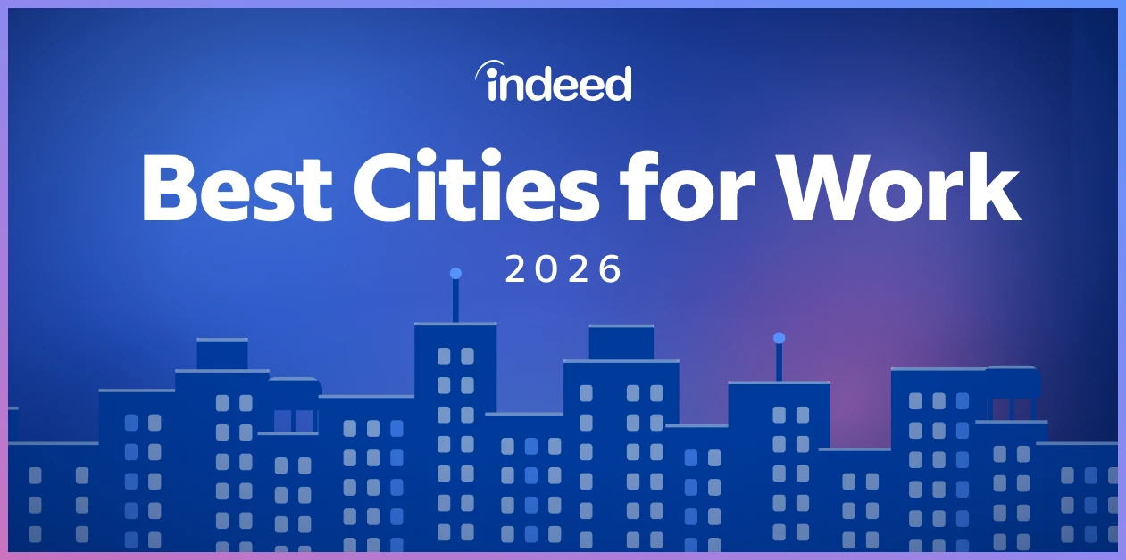 blue-purple graphic that reads Indeed Best Cities for Work 2026 with an illustration of a skyline across the bottom