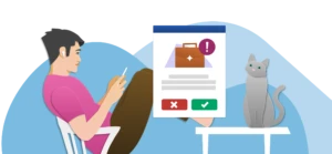 A person sits at a desk looking at a possible job opportunity with accept and reject buttons.