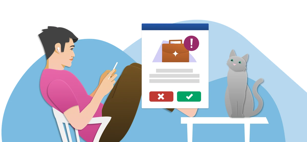 A person sits at a desk looking at a possible job opportunity with accept and reject buttons.