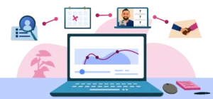Laptop on a desk with graphics reflecting a hiring process above it.