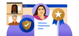 Images of three people, representing a video call and reviewing a candidate