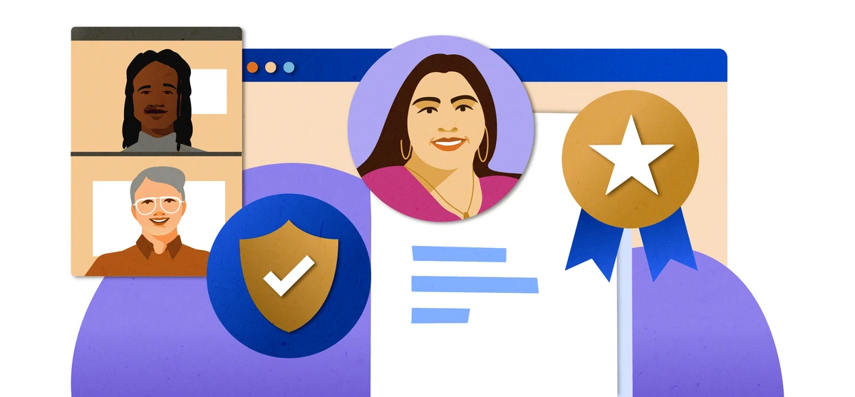 Images of three people, representing a video call and reviewing a candidate