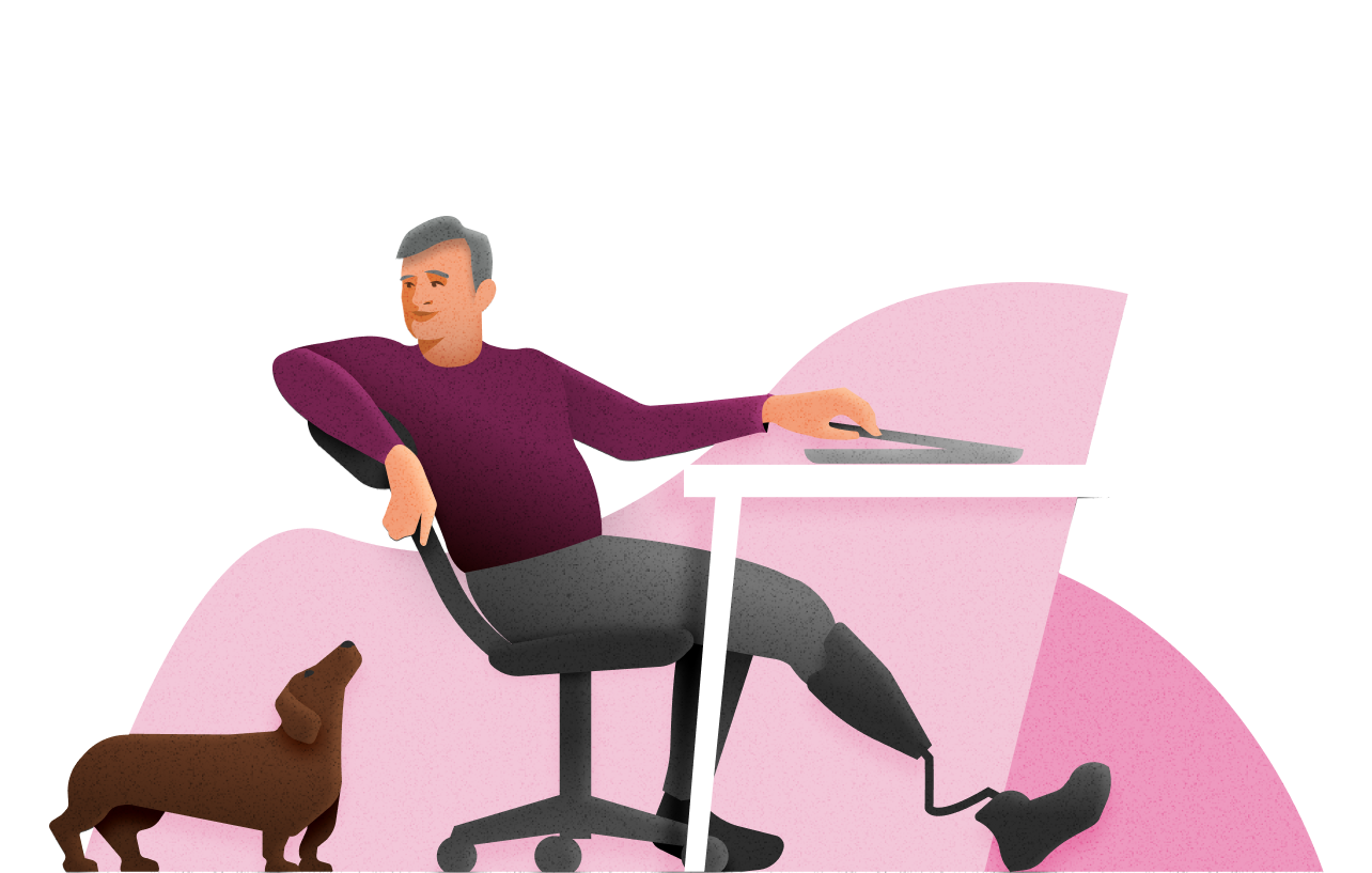 Ilustração de um homem com prótese na perna reclinando-se na cadeira do escritório com um cachorro da raça Dachshund próximo à cadeira.
