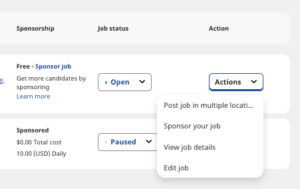 Screenshot of options displayed in the Actions dropdown