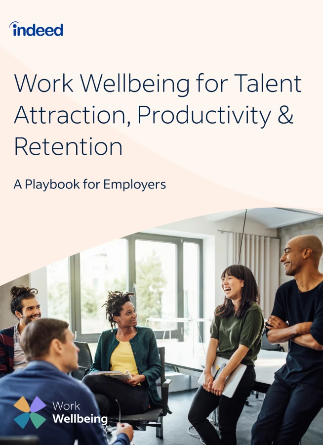 Cover of playbook showing title “Work Wellbeing for Talent Attraction, Productivity & Retention: A Playbook for Employers” with a picture of work colleagues laughing and smiling