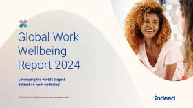Cover of report showing title “Global Work Wellbeing Report 2024” and subtitle “Leveraging the world’s largest dataset on work wellbeing1” with a picture of a woman smiling at another person