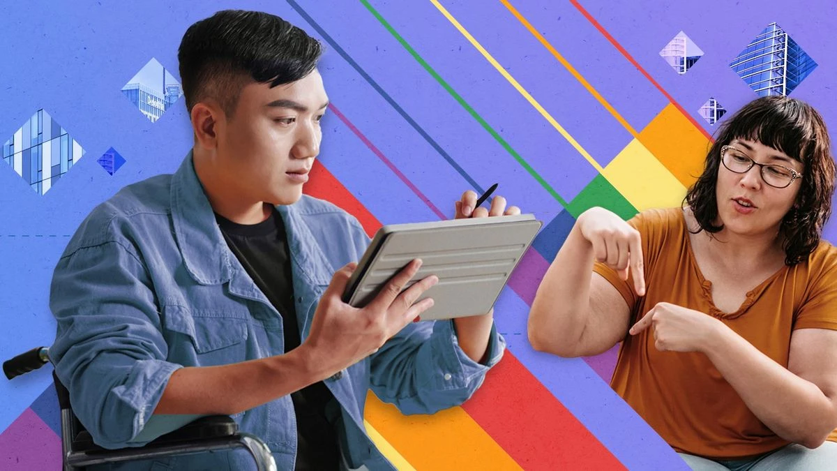 Deux personnes qui sont à la fois queer et vivant avec un handicap au premier plan d'un contexte coloré.