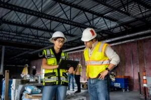 Two construction workers discussing plans on a tablet