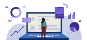 Person steht vor einem großen Laptopbildschirm, umgeben von Diagrammen und Datenvisualisierungen, Symbolbild für datenbasiertes Recruiting mit Hiring Insights und Indeed Analytics