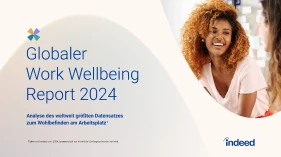 Titelseite des Berichts mit dem Titel „Globaler Work Wellbeing Report 2024“, dem Untertitel „Analyse des weltweit größten Datensatzes zum Wohlbefinden am Arbeitsplatz“1 und dem Bild einer jungen Frau, die eine andere Frau anlächelt