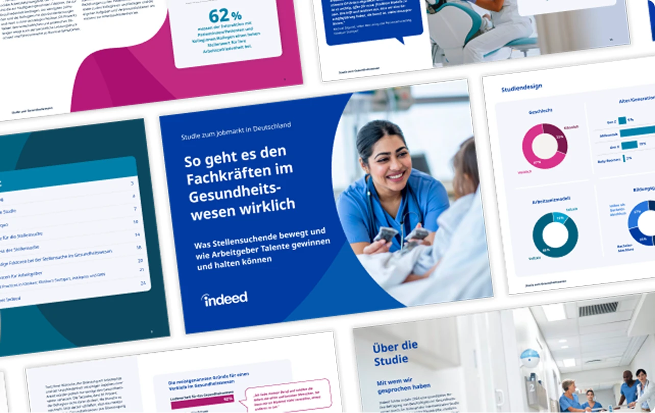 A collage of pages from a German-language healthcare whitepaper by Indeed, showing various charts, graphs, and images of healthcare professionals.