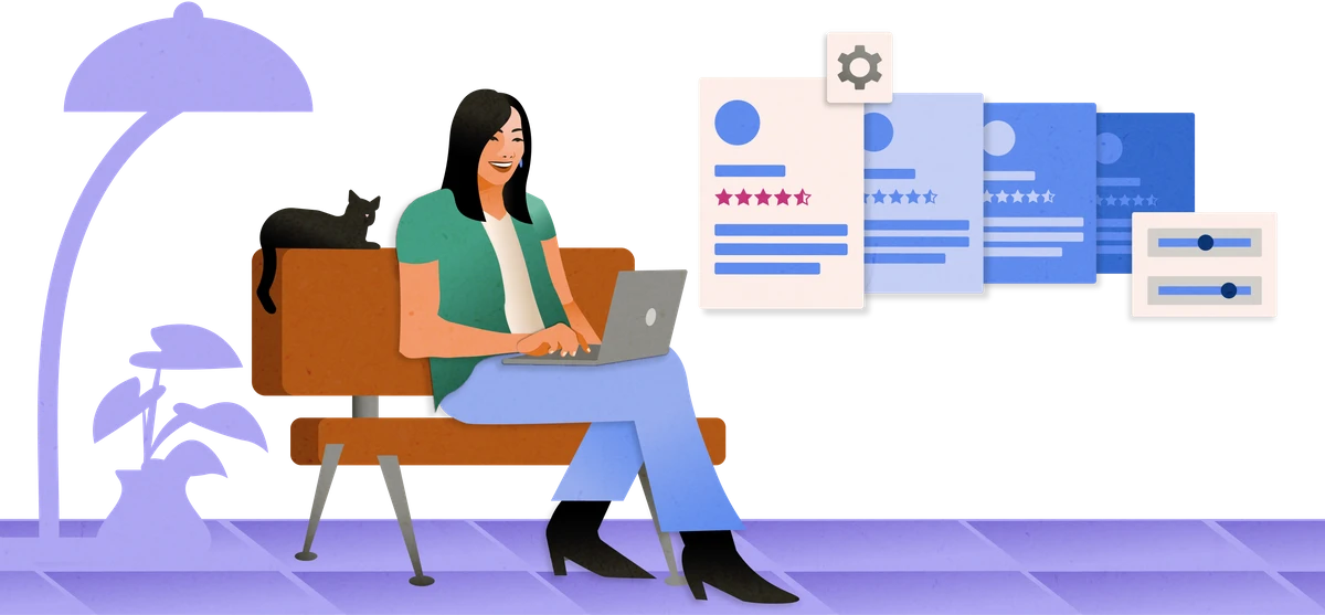 Person sitzt mit Laptop auf einem Sofa, im Hintergrund Kandidatenprofile – Symbolbild für die Verwaltung mehrerer Stellenanzeigen und Kandidat*innen auf Indeed