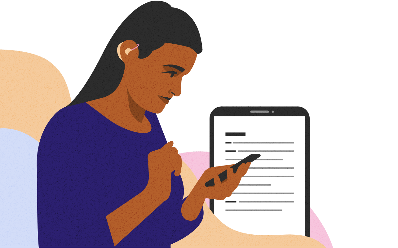 Ilustración de una mujer con un audífono. Está viendo su teléfono inteligente, donde se muestra el contenido de la pantalla en segundo plano.