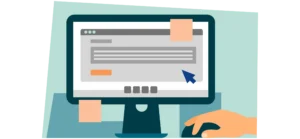 Illustration of a hand using a mouse to complete an online job posting form on a desktop computer.