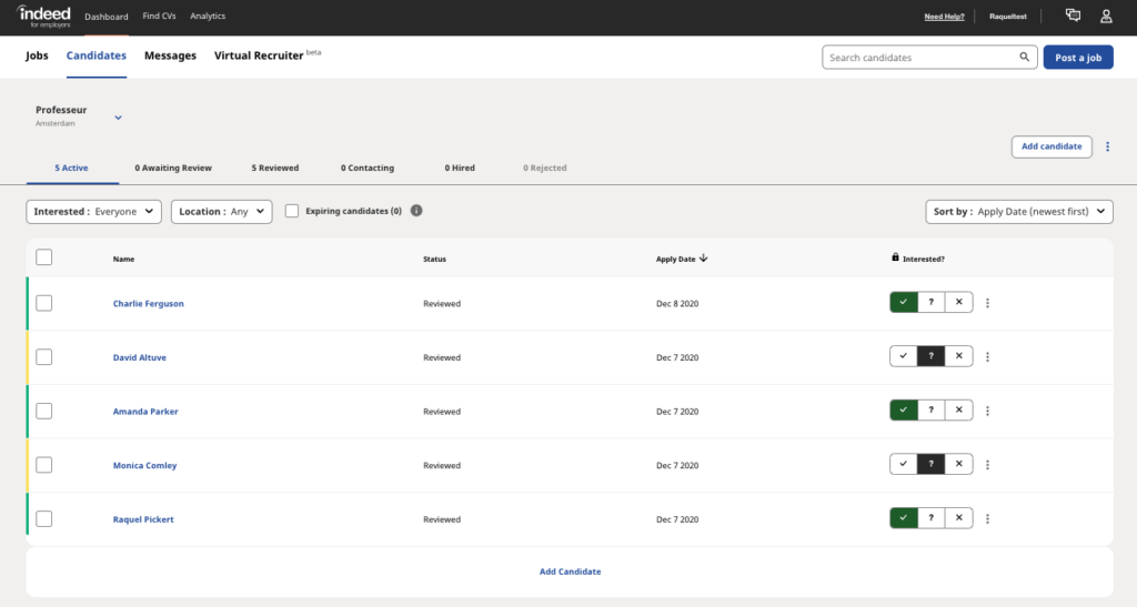 This employer view shows the different statuses that may be assigned to candidates.