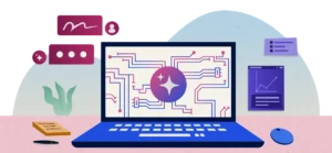 Illustration of a laptop showing connected circuits and a sparkle icon, representing how Indeed links jobs from a career site or ATS and helps optimise them.