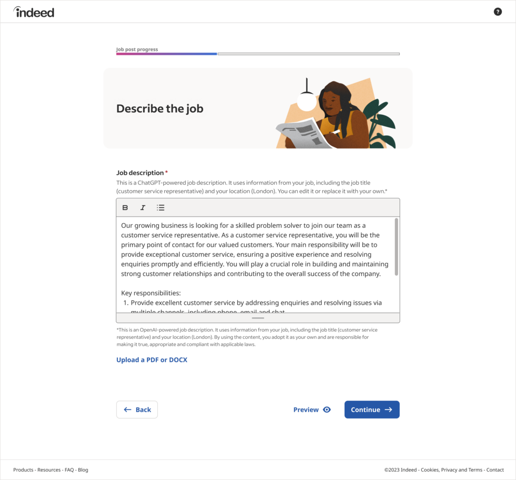 Screenshot of Indeed AI job post tool using ChatGPT to generate a job description.