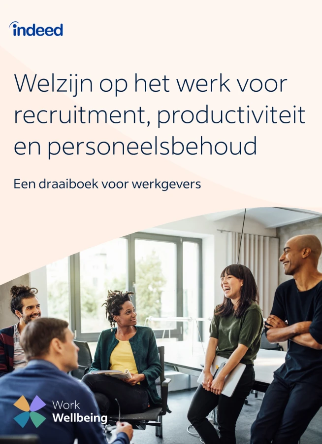 Kaft van het draaiboek met de titel 'Welzijn op het werk voor recruitment, productiviteit en personeelsbehoud: een draaiboek voor werkgevers' en een afbeelding van collega's die lachen en glimlachen