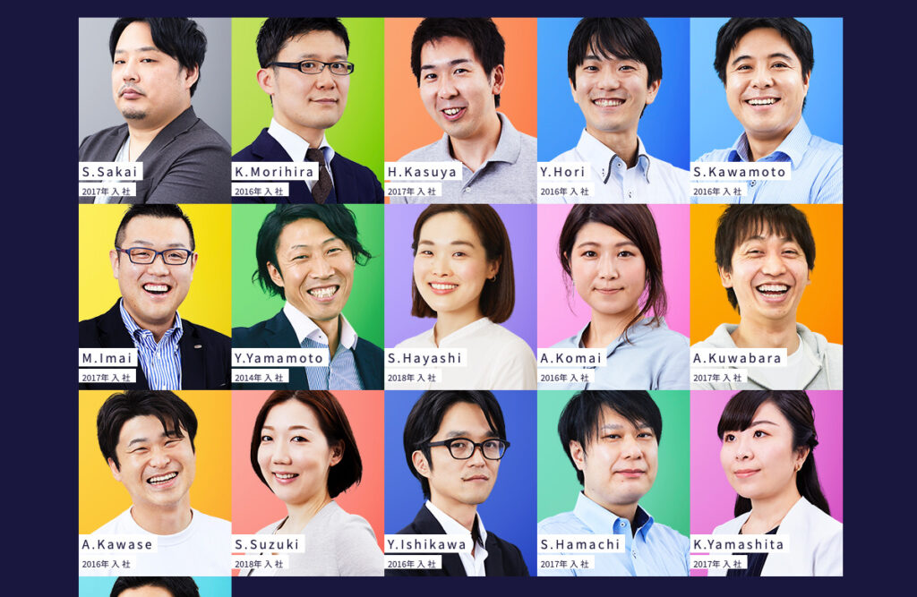 様々な部署からの顔が並ぶ、社員インタビューページのスクリーンショット