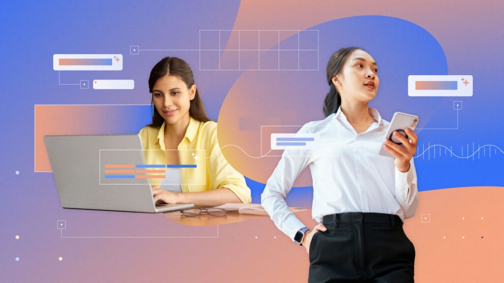 ブルーとオレンジの背景。左側にパソコンを使用する女性。右側にスマートフォンを持っている女性。