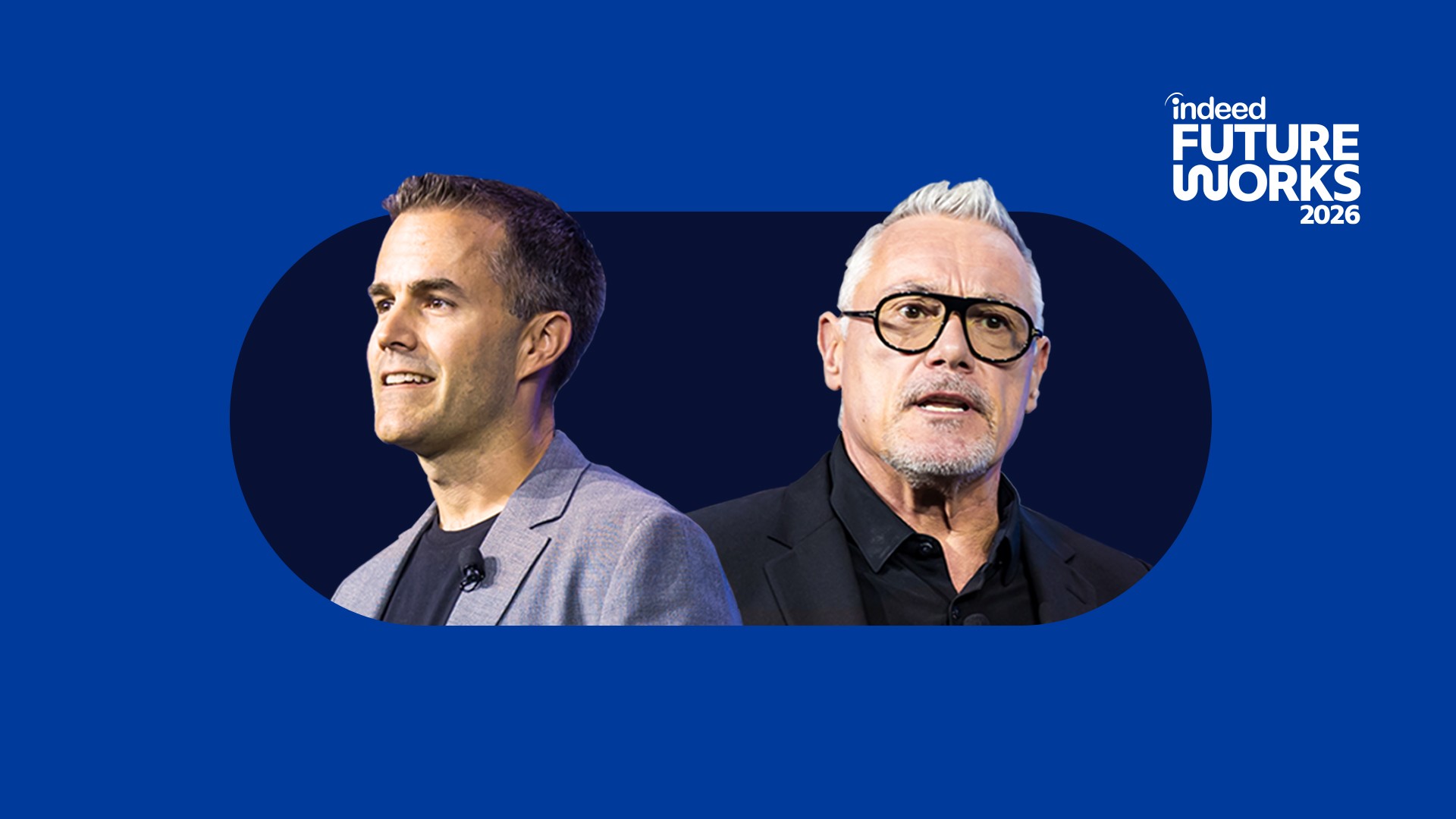 青い背景。中央にはIndeed のProduct担当VPであるJohn Fox、Chief Marketing OfficerであるJames Whitemoreの写真。