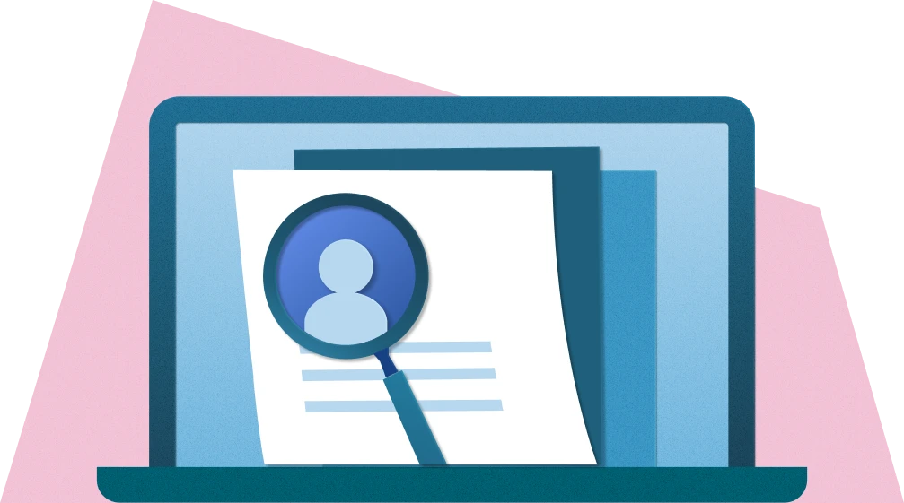 Schermo di laptop con un CV e una lente di ingrandimento sull’icona di un candidato, a rappresentare la ricerca di talenti su Indeed