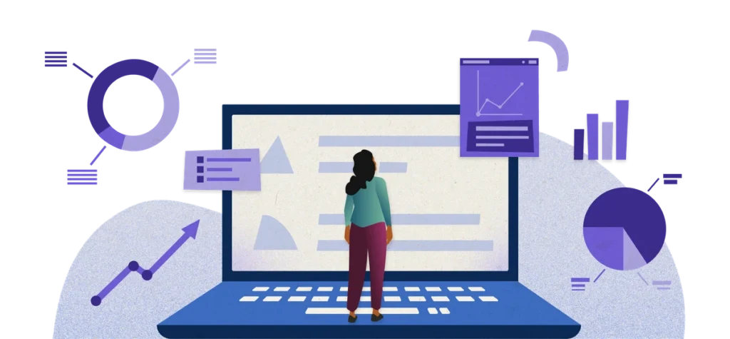 Recruiter che osserva su un grande laptop grafici e dashboard con dati di mercato e performance delle campagne di recruiting su Indeed