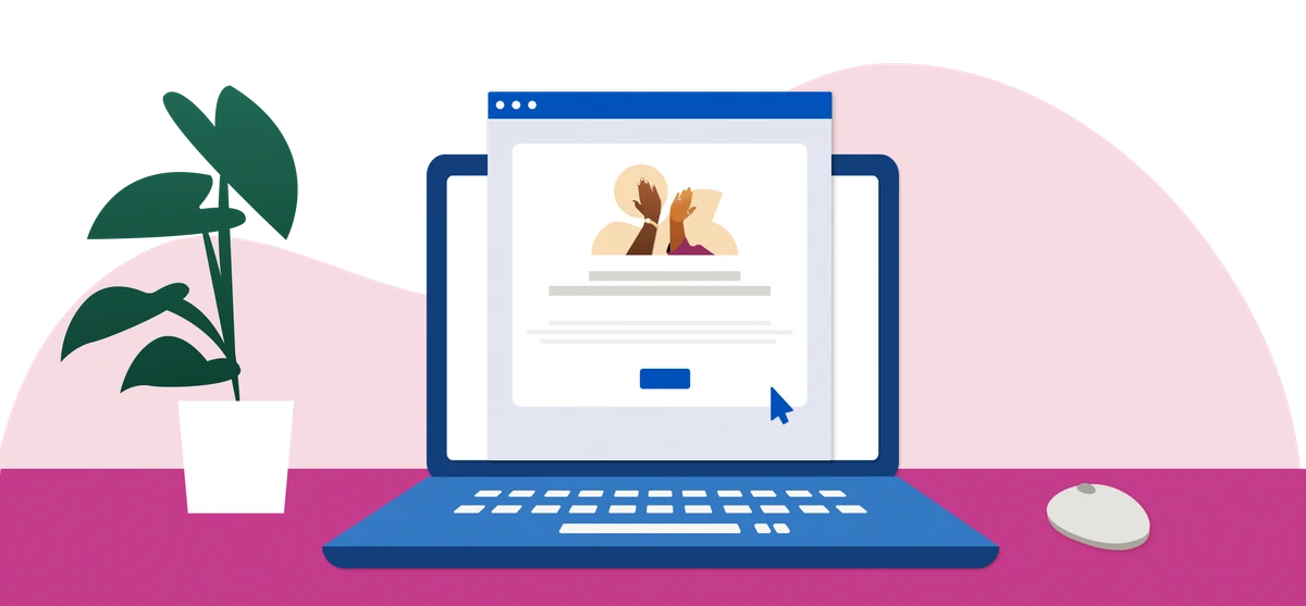 Laptop blu su una scrivania fucsia con una pagina web aperta che mostra profili di persone, accanto una pianta in vaso e un mouse, simbolo della creazione e gestione di un account Azienda su Indeed