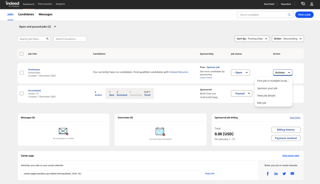 Screenshot of the ability to edit your job via drop down menu in the Employer dashboard