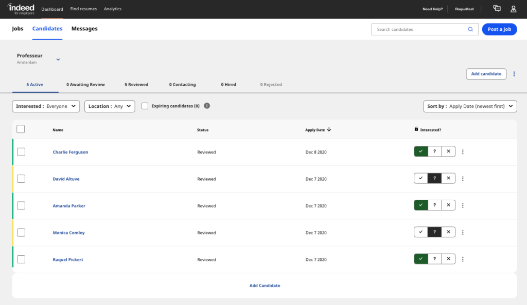 Screenshot of the candidate's tab in employer dashboard