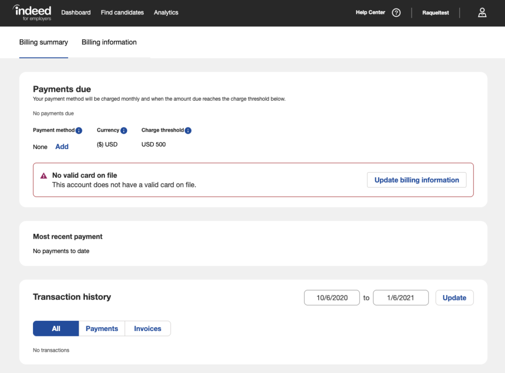 The Billing page accessible from your dashboard