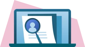 Flat illustration of a laptop surrounded by question marks and chat bubbles, representing employers finding answers to common Indeed hiring questions.
