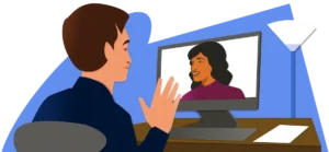 Flat illustration of a hiring manager video interviewing a candidate on a computer, representing virtual interviews on Indeed.