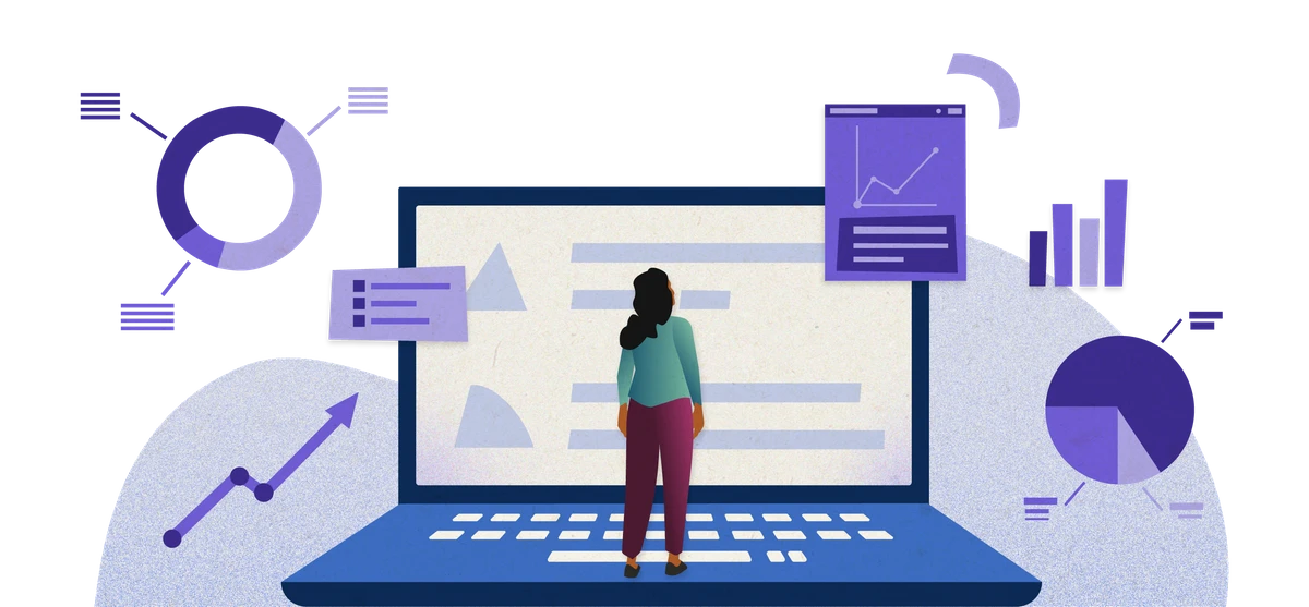 Flat illustration of a person standing in front of a giant laptop surrounded by charts and graphs, representing using analytics and hiring insights on Indeed.