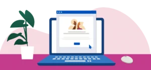 Flat illustration of a laptop showing an online sign up page, representing employers creating an account on Indeed.
