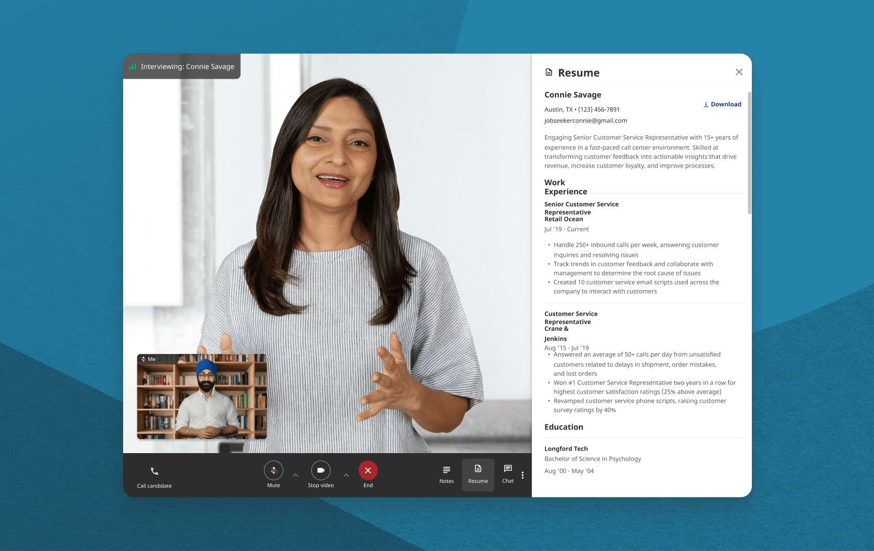 Screenshot of an employer interviewing a candidate on the hiring platform. The candidate resume is displayed beside the video.