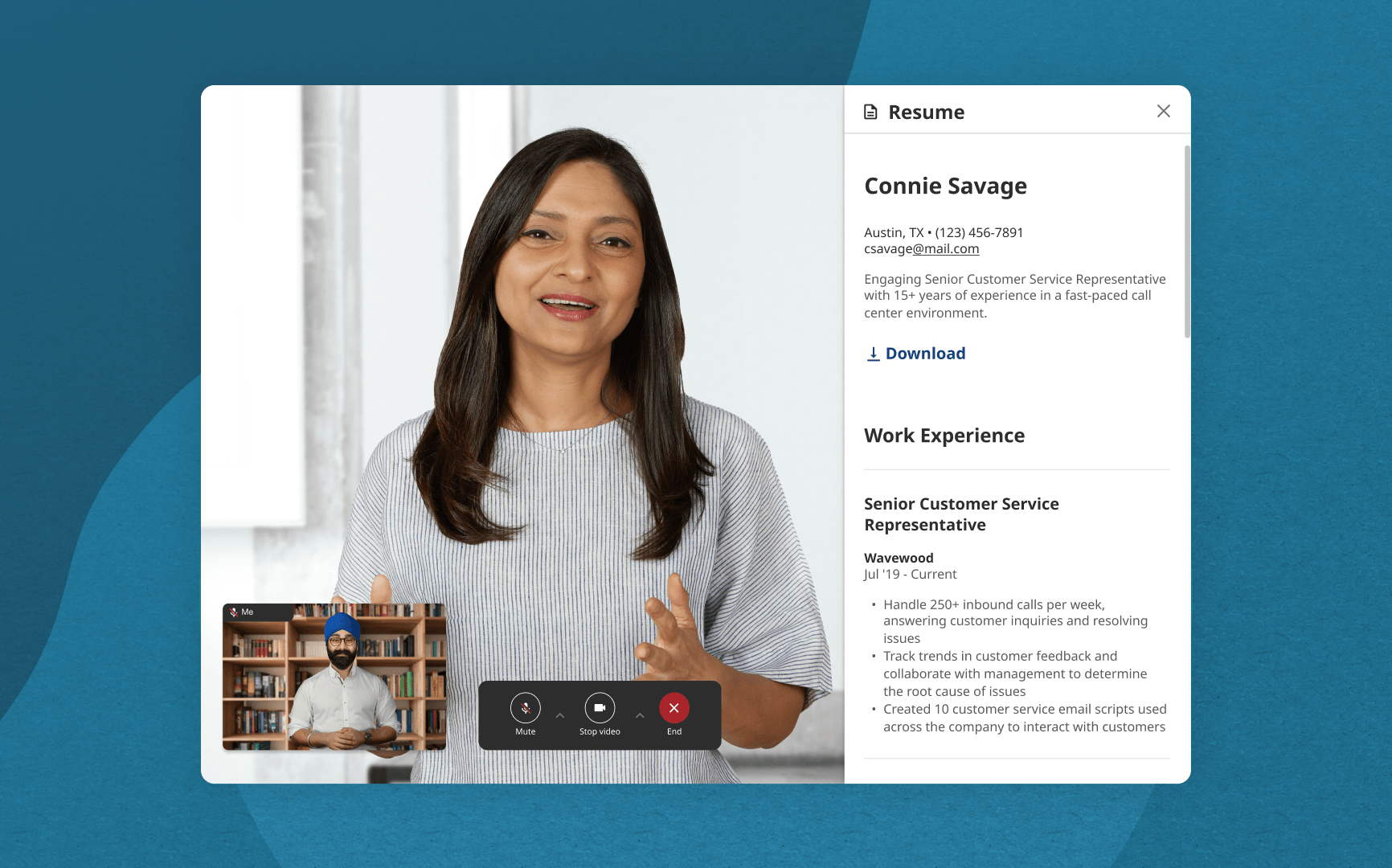 Screenshot of an employer interviewing a candidate on the hiring platform. The candidate resume is displayed beside the video.