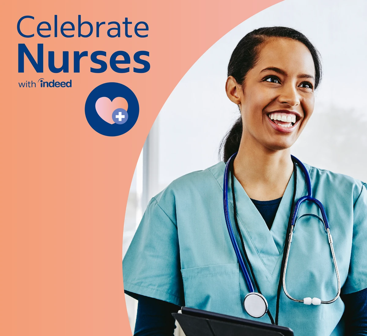 Female nurse smiling with stethoscope with Celebrate Nurses logo