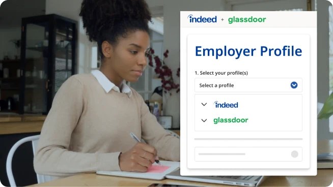 A recruiter using employer branding software to access the Employer Branding Hub and manage company reputation on Indeed and Glassdoor.