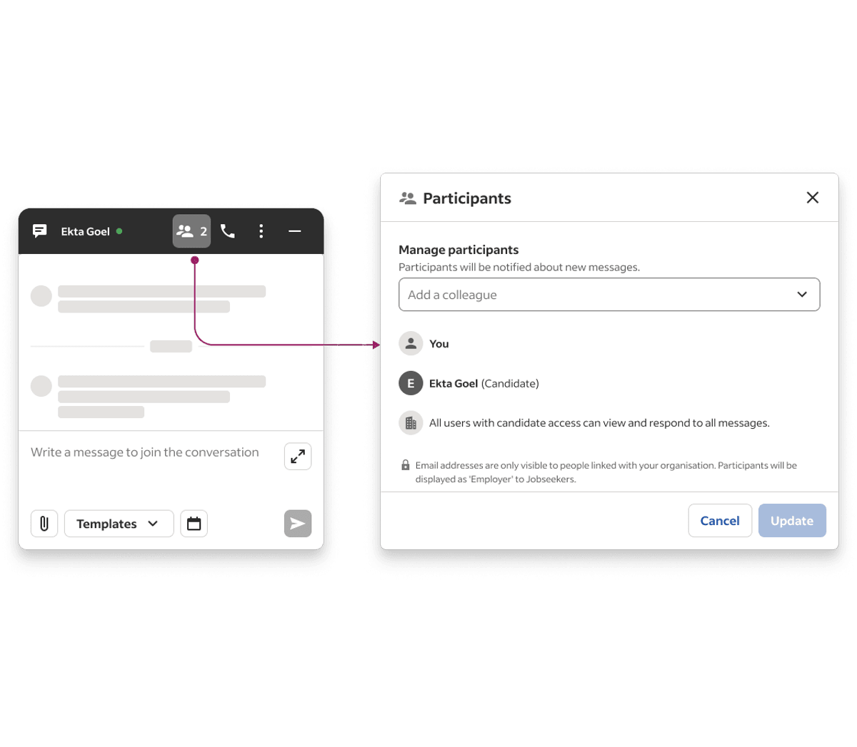 Messaging example showing adding and removing participants