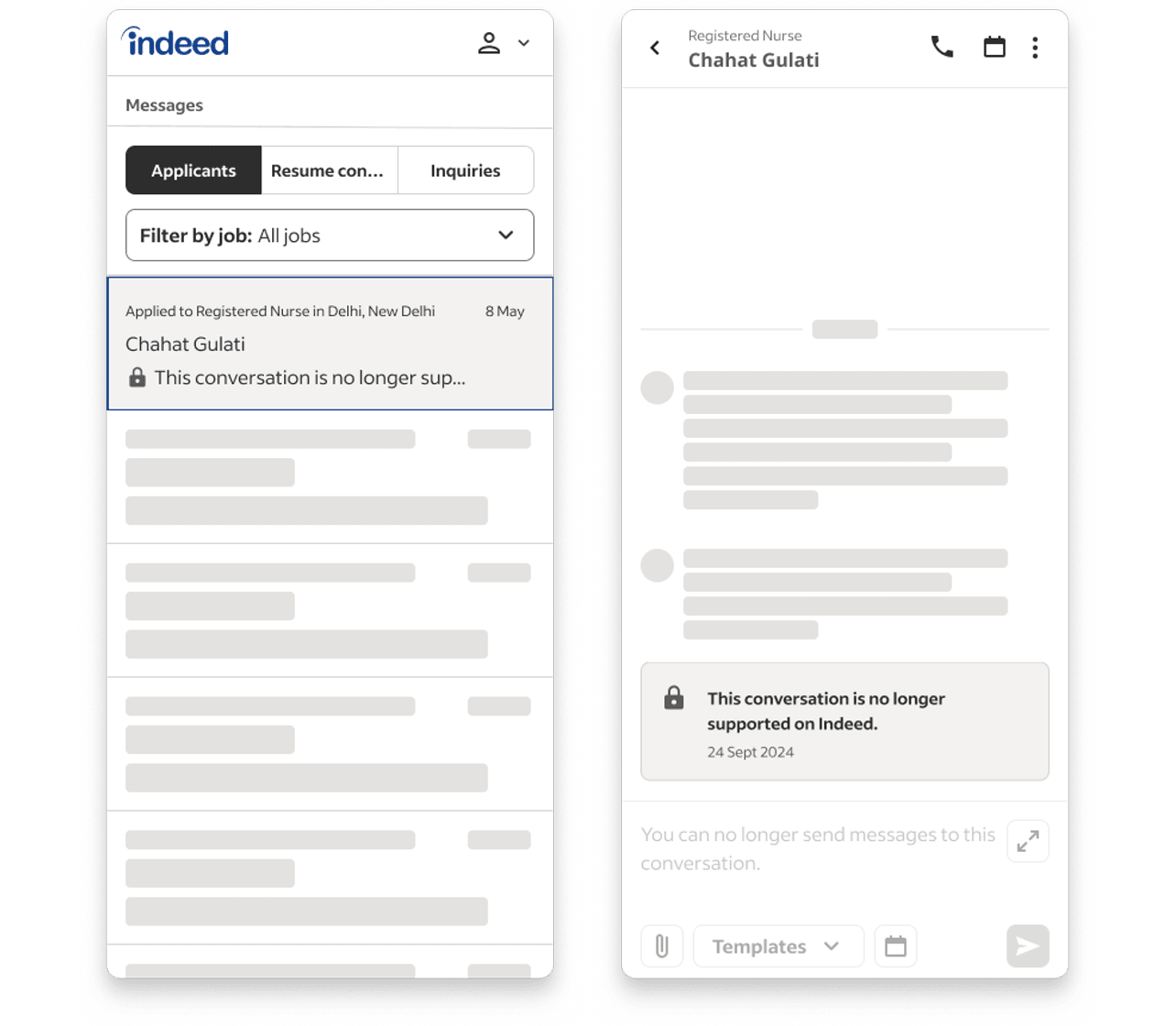 An example of the messaging inbox page on Indeed with a locked conversation, clearly identified as such in both the preview list and in the conversation once opened