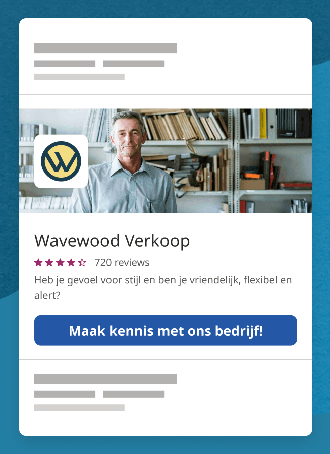 Vacatureplaatsing via Werkgever Uitgelicht met bedrijfslogo, banner en beoordeling om te laten zien hoe uw vermelding eruitziet ten opzichte van uw concurrentie