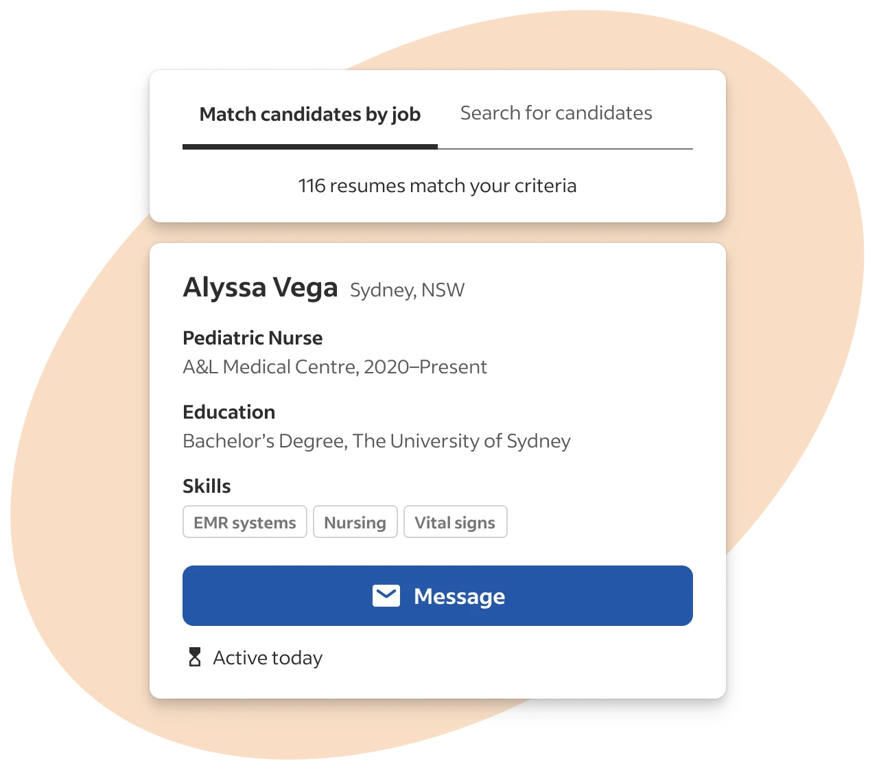 Resume database candidate profile in Indeed's sourcing software with skills and contact option