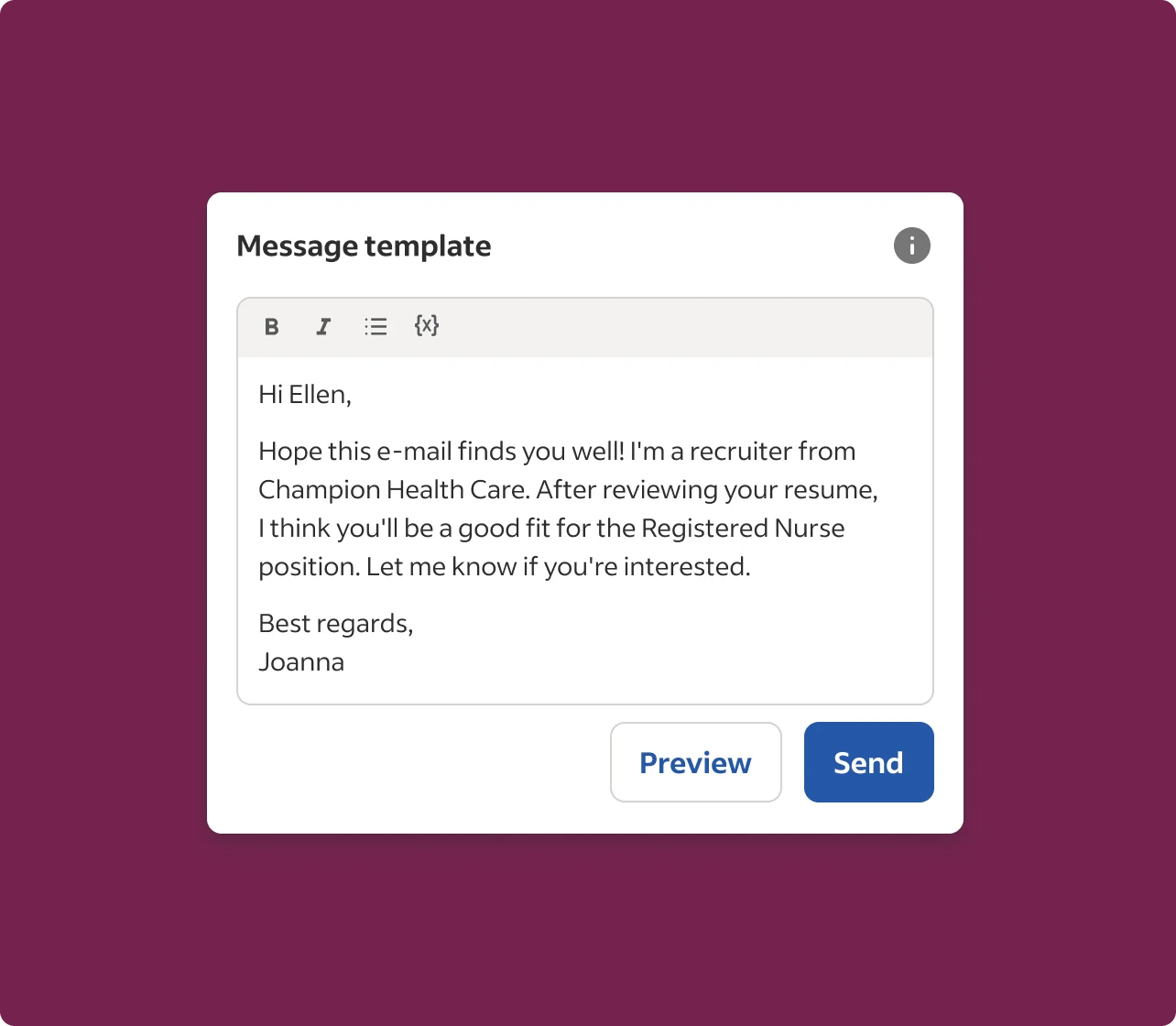 Indeed candidate sourcing software showing a message template used to source healthcare candidates.