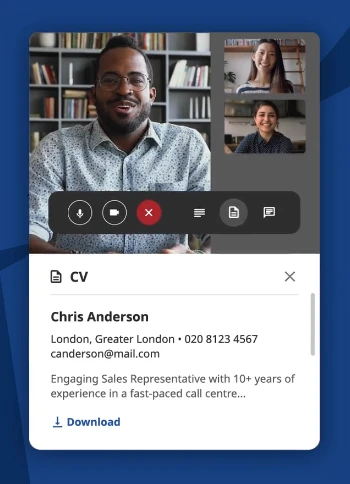 The Indeed video interview platform interface displaying a live session with a candidate's cv side-by-side for real-time review.