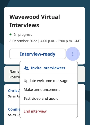 A dashboard view of the Indeed virtual interview software showing the recruiter status menu and options to invite additional interviewers.