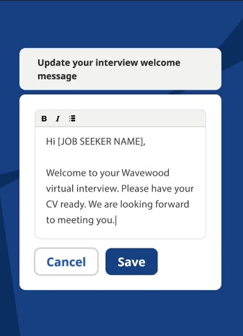 The customisation interface of Indeed’s video interview tool, allowing recruiters to update welcome messages for candidates.