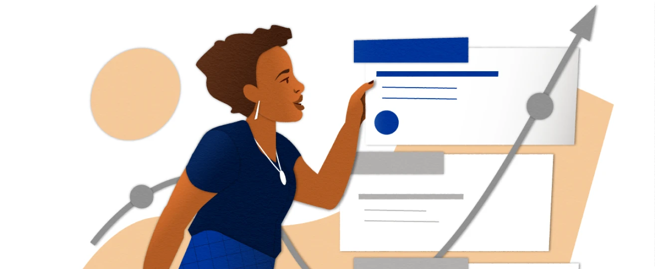 Illustration depicts woman looking at online postings 